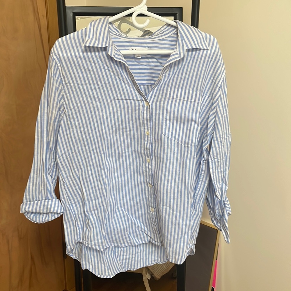 Blue and white stripped, button down blouse, large, Gap